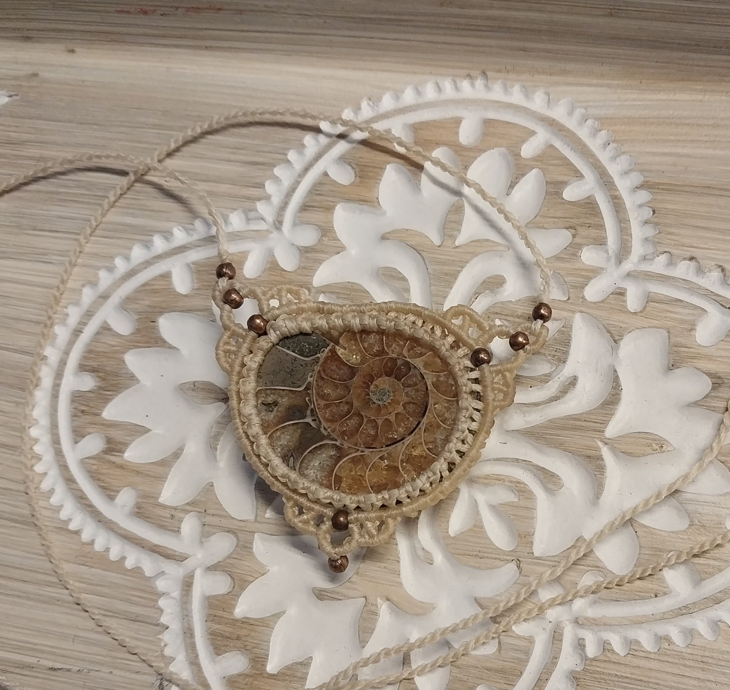 Adjustable Necklace - Ammonite Fossil W/ Cream Cord