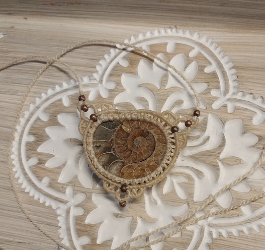 Adjustable Necklace - Ammonite Fossil W/ Cream Cord