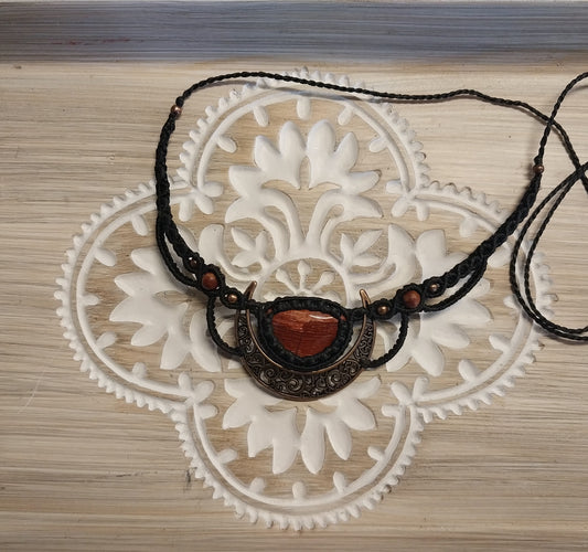 Adjustable Necklace - Red Jasper Moon With Black
