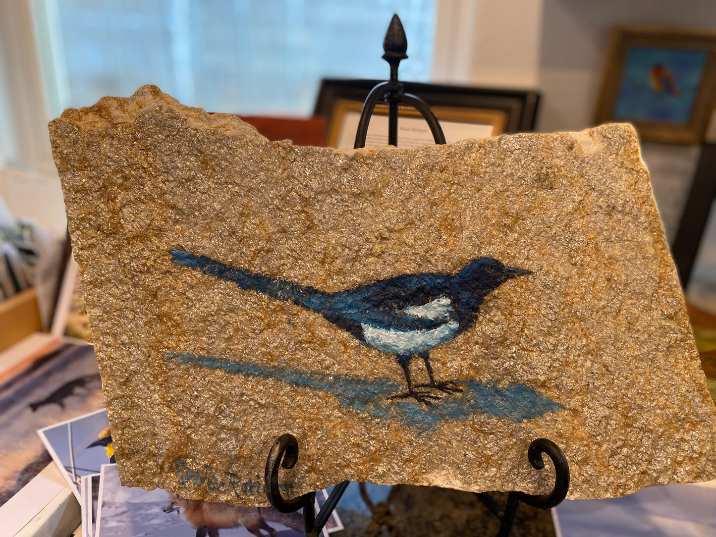 Original Oil Painting On Slate- "Magpie Bird"
