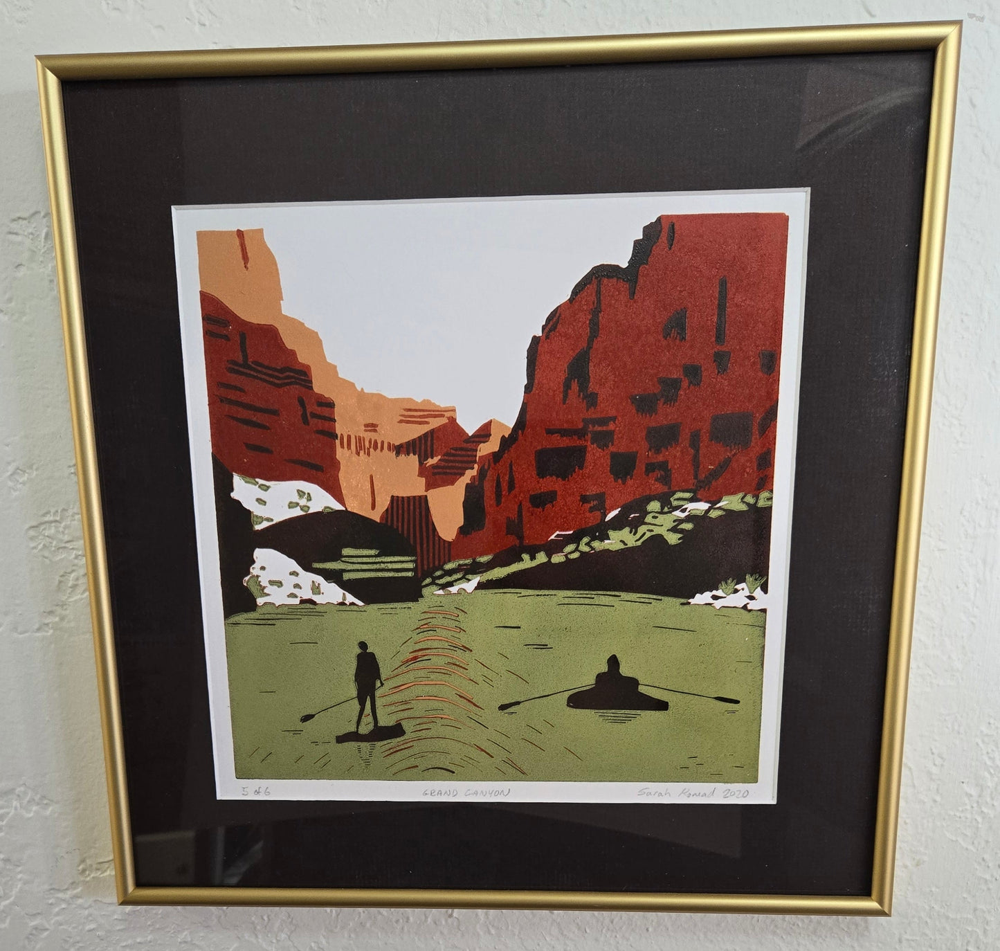 Framed Linocut Print- "Grand Canyon" Paddle Boarders