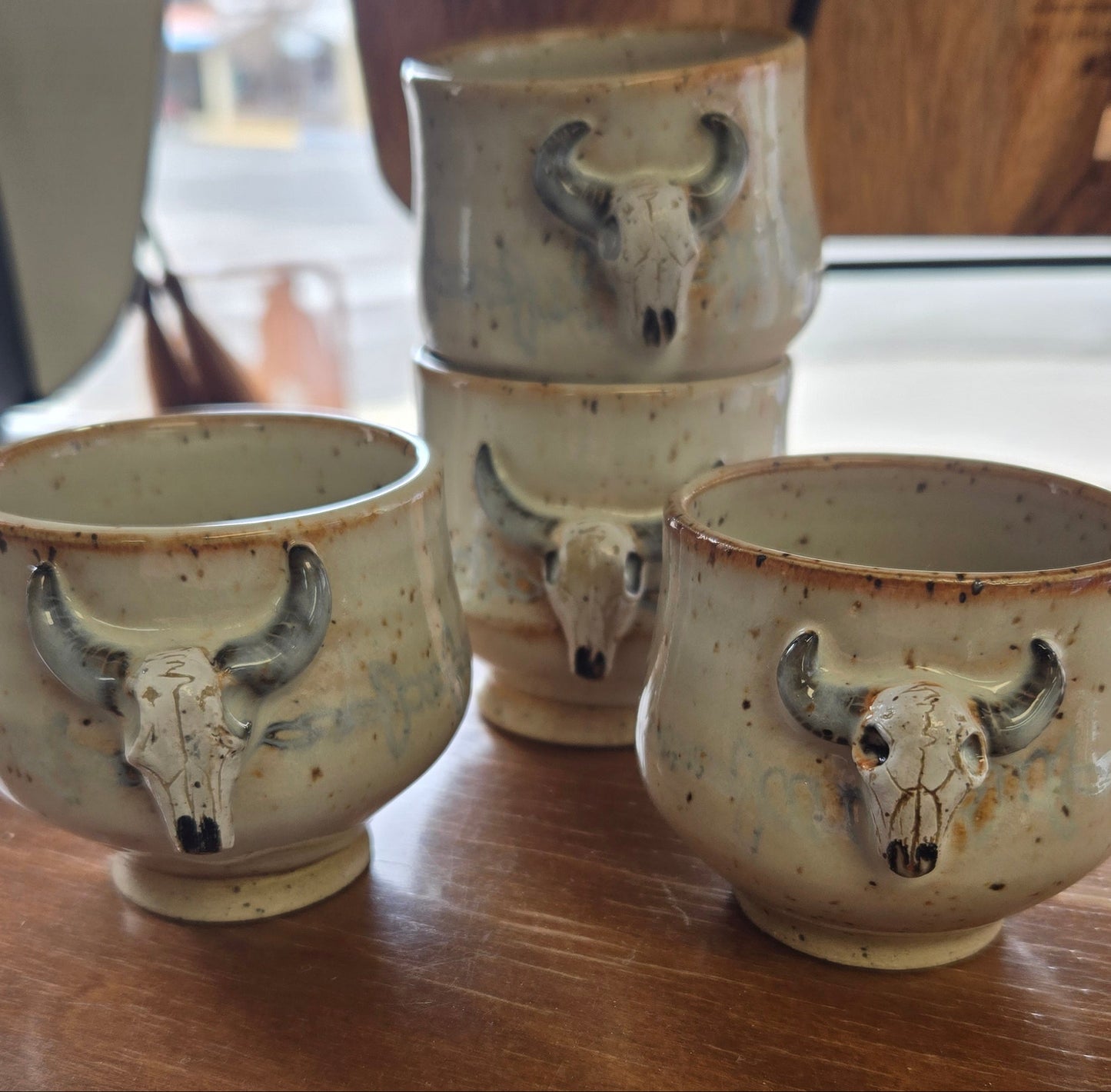 Pottery Shot Glass- Cow Skull -White