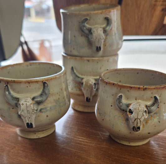 Pottery Shot Glass- Cow Skull -White