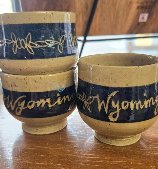 Pottery Shot Glass- "Wyoming" and Barbwire