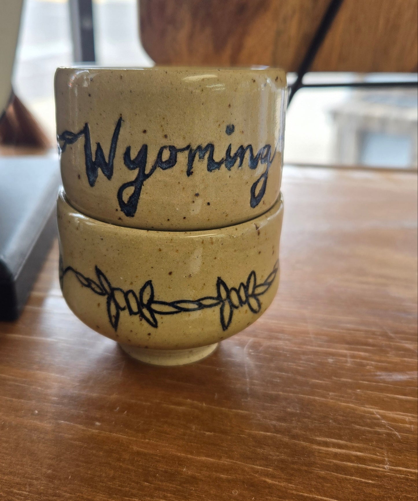 Pottery Shot Glass- "Wyoming" and Barbwire