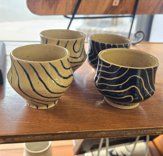 Pottery Shot Glass- Blue and Tan Topo Lines