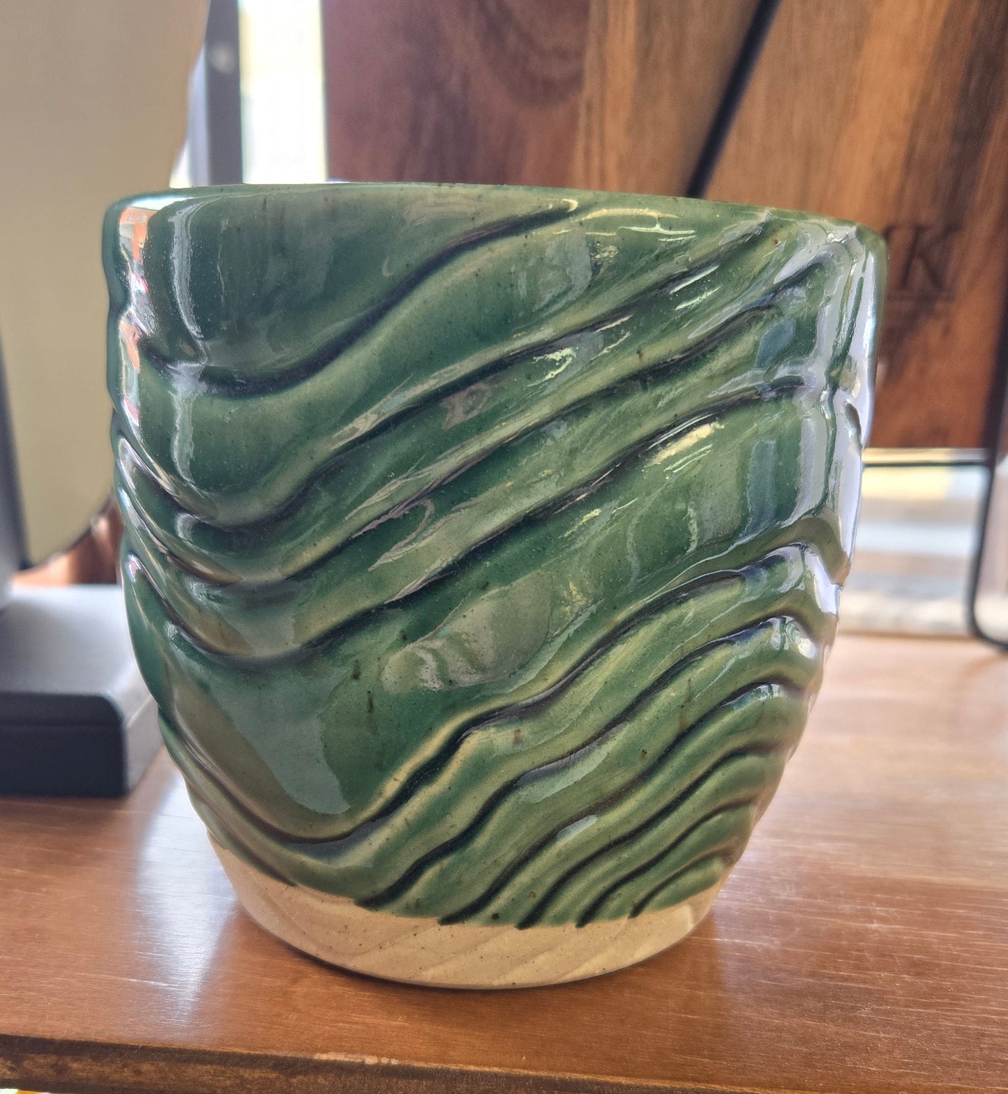 Pottery Planter- Green Topo Line Texture