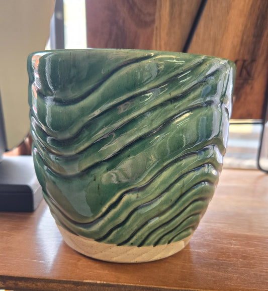 Pottery Planter- Green Topo Line Texture