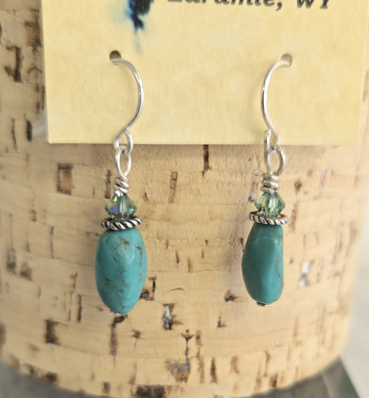Earrings- Turquoise Barrel Bead W/ Swarovski Crystal