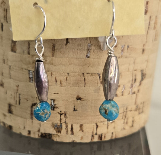 Earrings- Turquoise With Silver Navajo Melon Bead