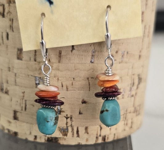 Earrings- Turquoise Bead With Spiny Oyster Beads Stacked