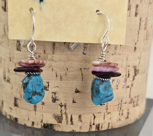 Earrings- Turquoise Bead With Spiny Oyster Beads Stacked