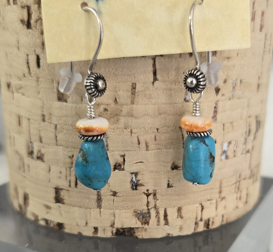 Earrings- Turquoise Bead With A Spiny Oyster Round Bead