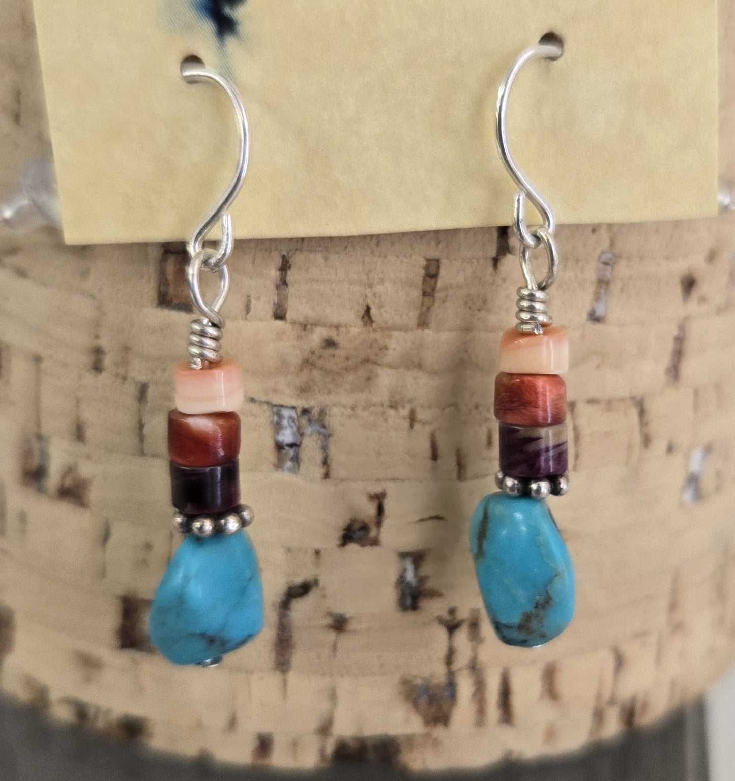 Earrings- Turquoise Bead And Spiny Oyster Bead Stack