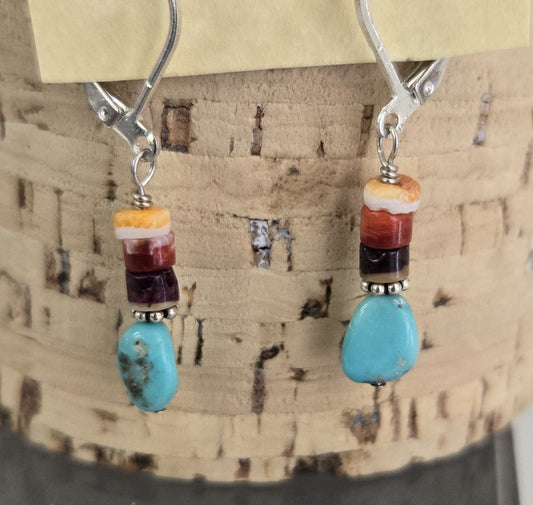 Earrings- Turquoise Bead And Spiny Oyster Bead Stack