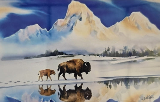 Watercolor Print on Canvas- "Mother and Baby Bison"