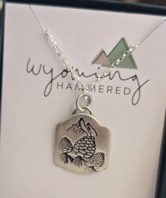 Necklace - Fine Silver Pine Cones and Mountain Pendant