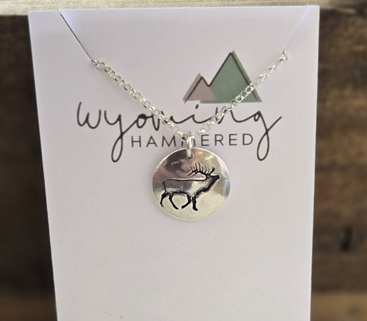 Necklace - Fine Silver Tiny Round Bull Elk