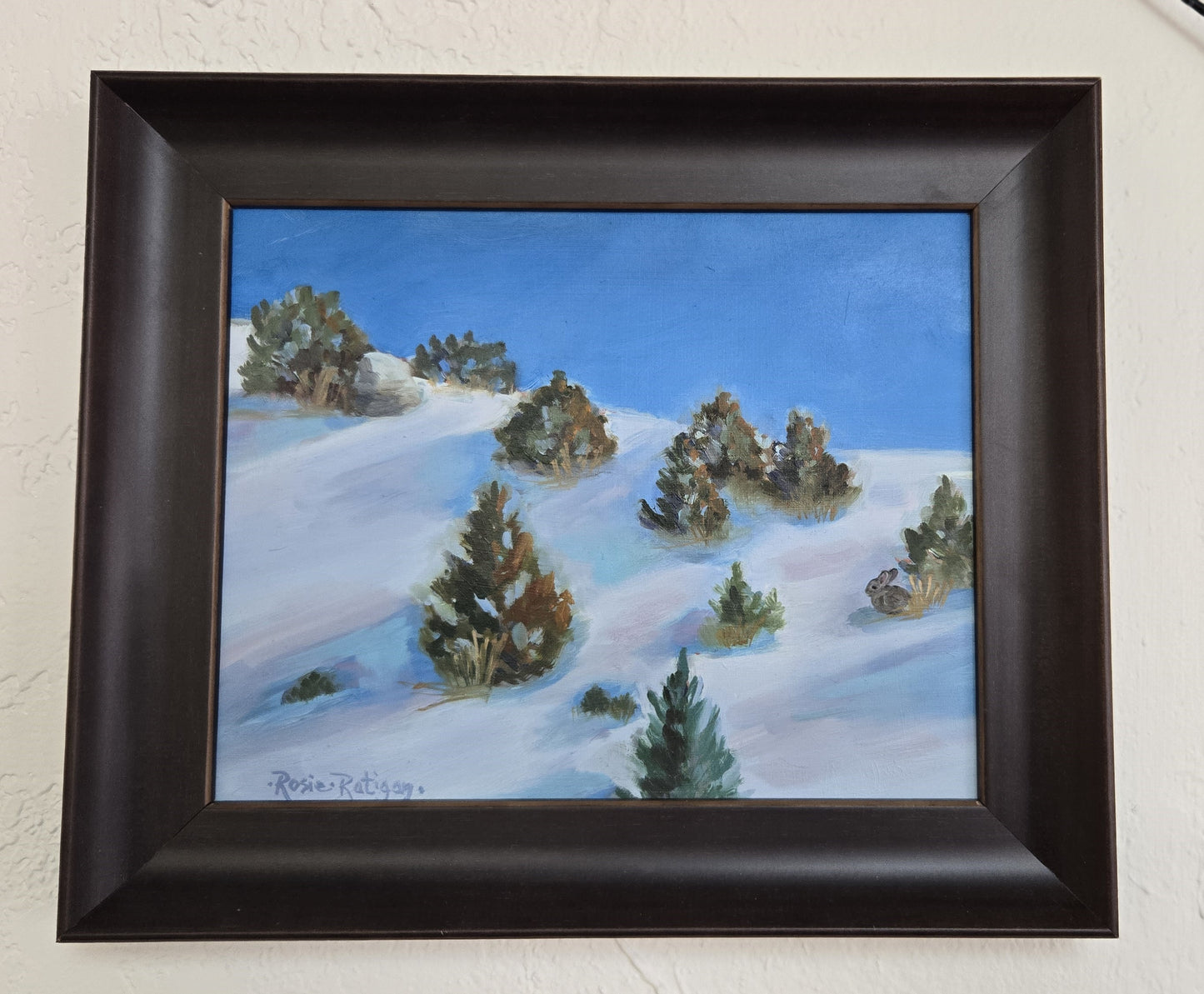 Original Oil Painting Framed- "Long Shadows" Snowy Trees with Bunny