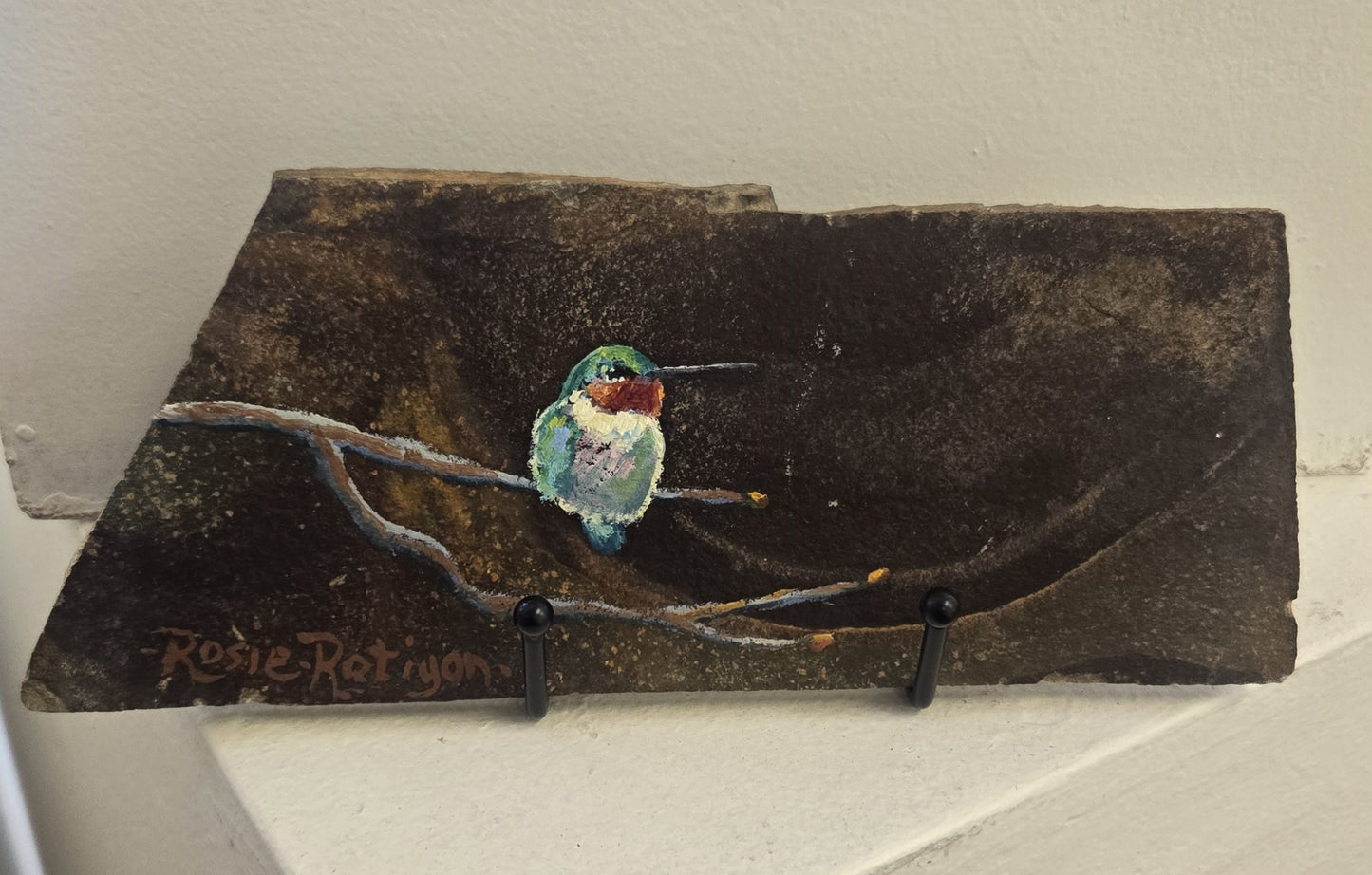 Original Oil Painting On Slate- "Balancing Act" Hummingbird