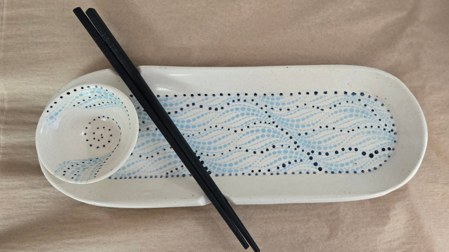 Sushi Tray Set - Blue and Black Dots
