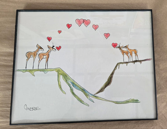 Framed Original Watercolor and Ink- " Pronghorn Couples "