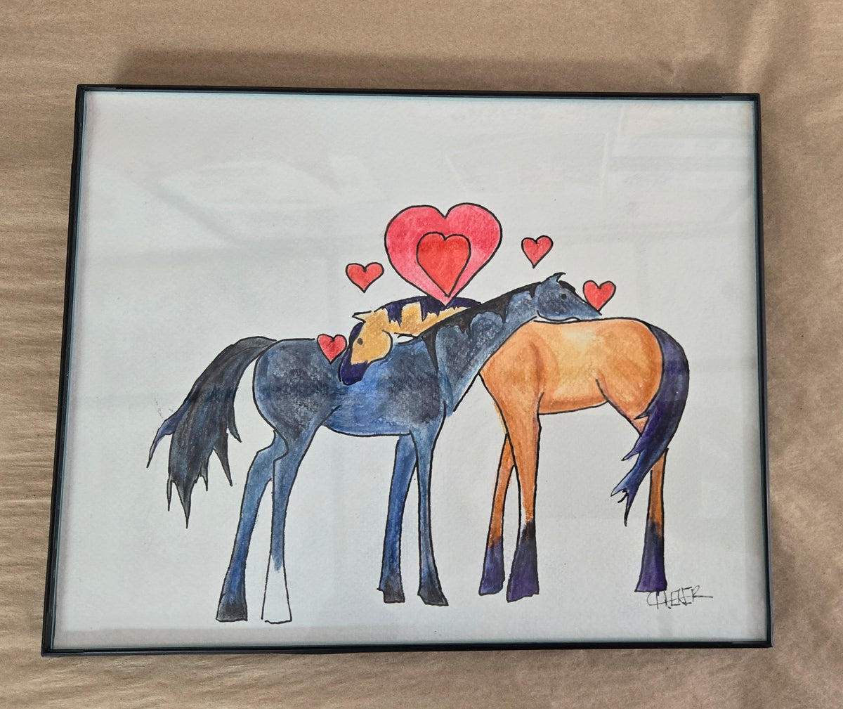 Framed Original Watercolor and Ink- "Mustangs In Love "
