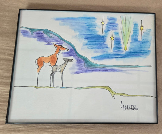 Original Watercolor and Ink- "Doe Pronghorn Fawn And Comet "