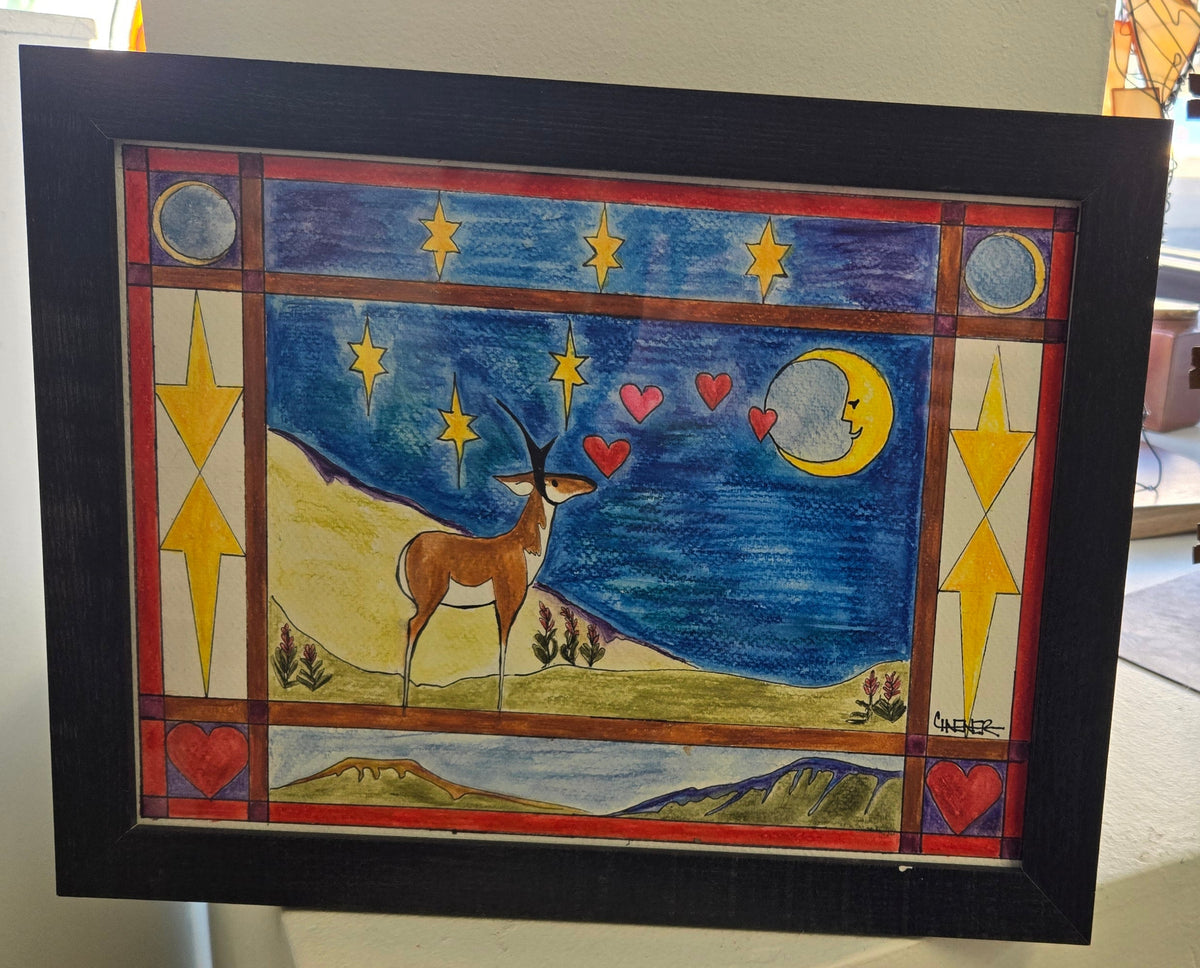 Framed Original Watercolor and Ink- " Lope Love and Moon "