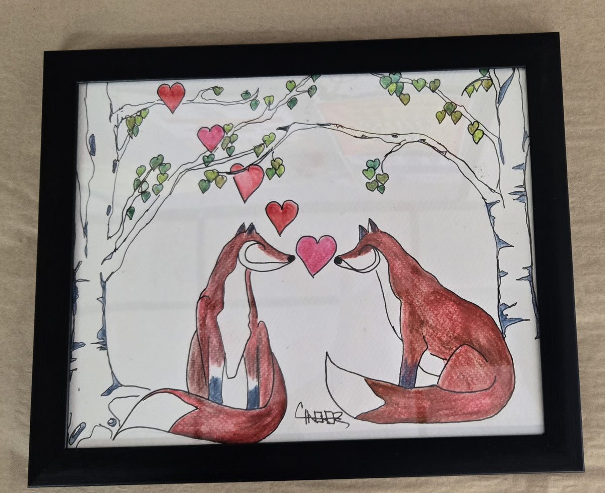 Framed Original Watercolor and Ink- " Fox Love "