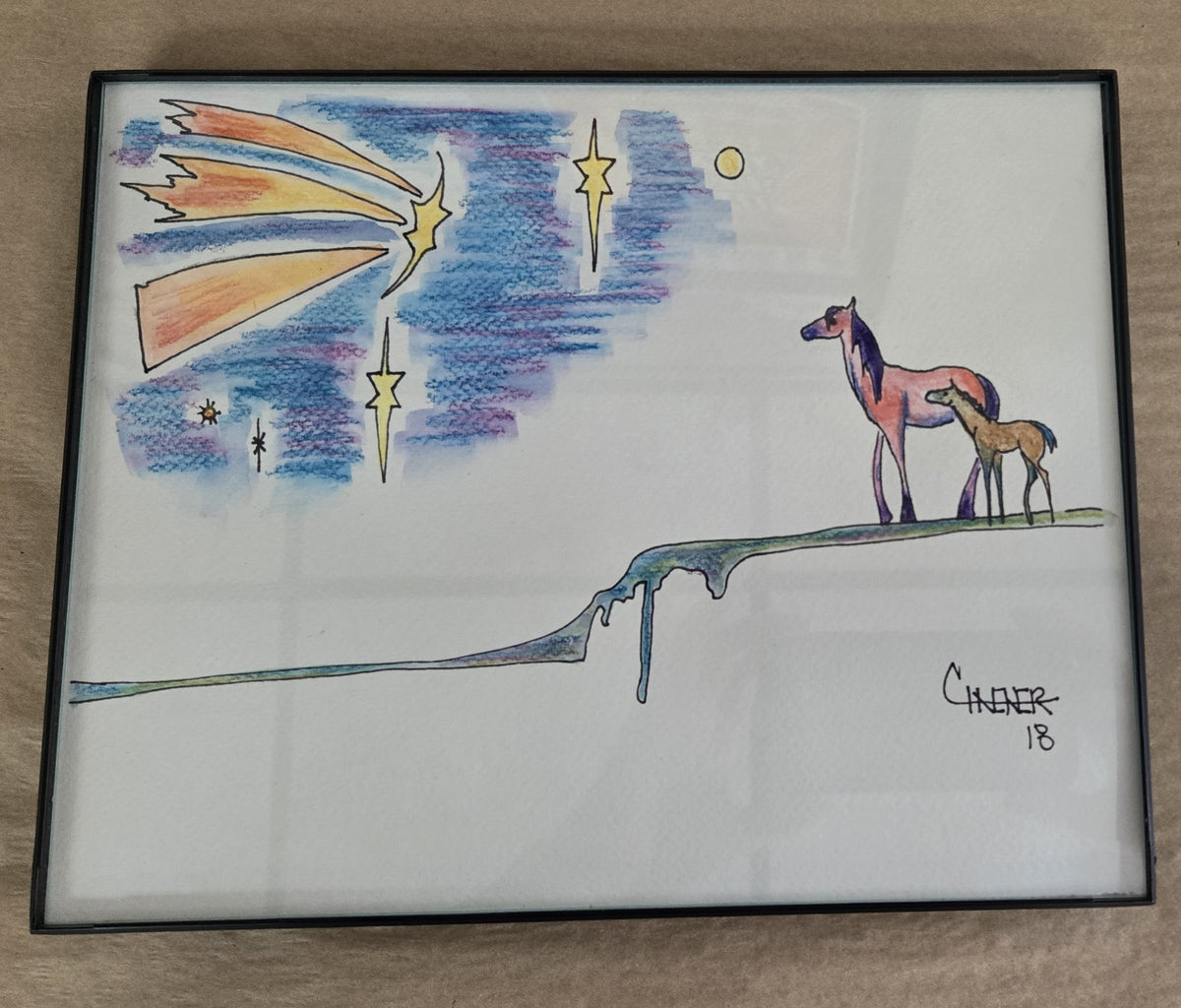 Framed Original Watercolor and Ink- Mustang and Foal with Shooting Star