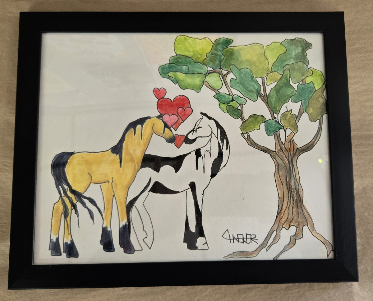 Framed Original Watercolor and Ink- "Mustang Love"