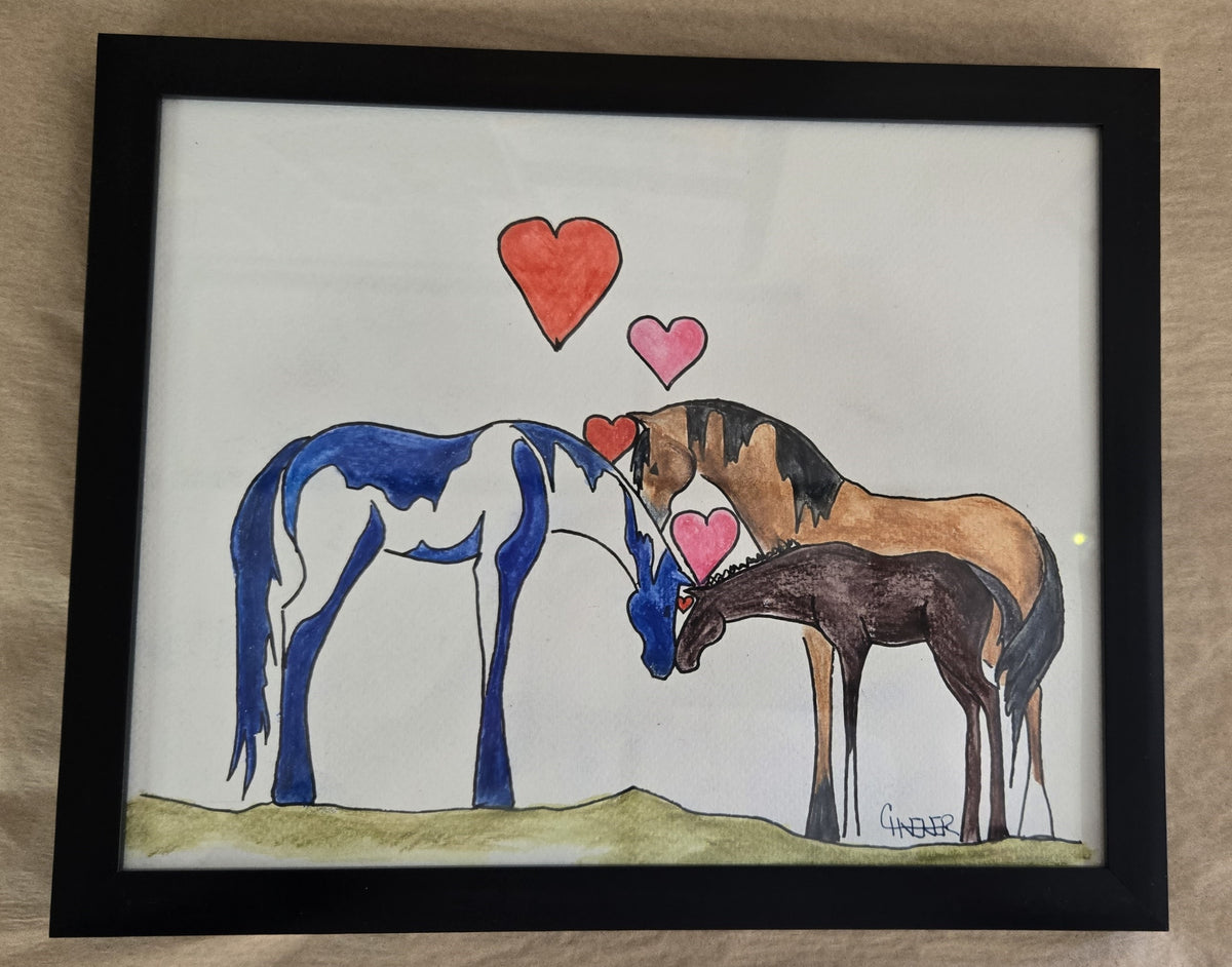 Framed Original Watercolor and Ink- "Mustang Family Love "
