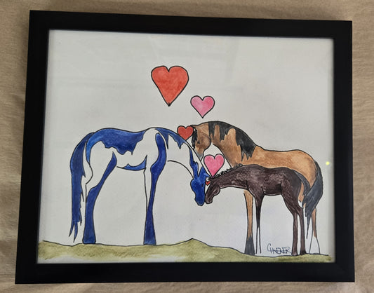 Framed Original Watercolor and Ink- "Mustang Family Love "