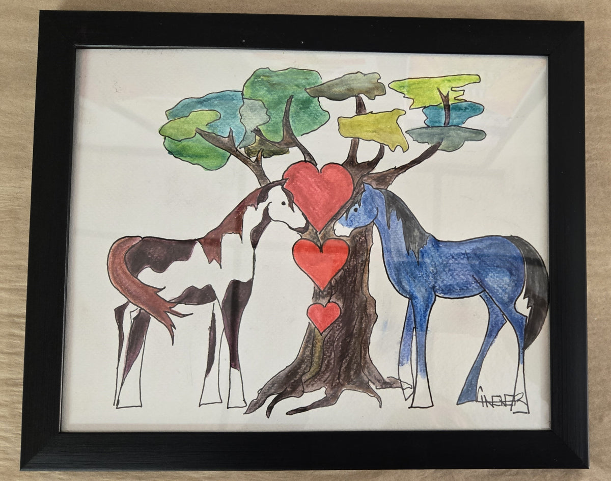 Framed Original Watercolor and Ink- " Mustang Love and Tree "