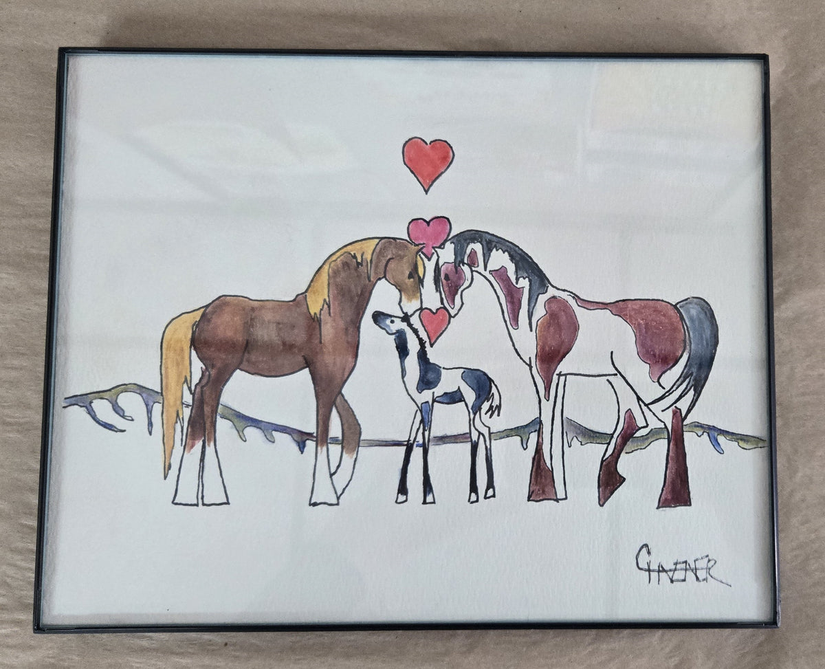 Framed Original Watercolor and Ink- "Mustang Family Love "