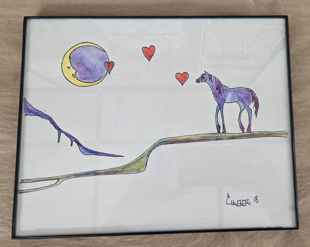 Framed Original Watercolor and Ink- "Mustang Moon Love"