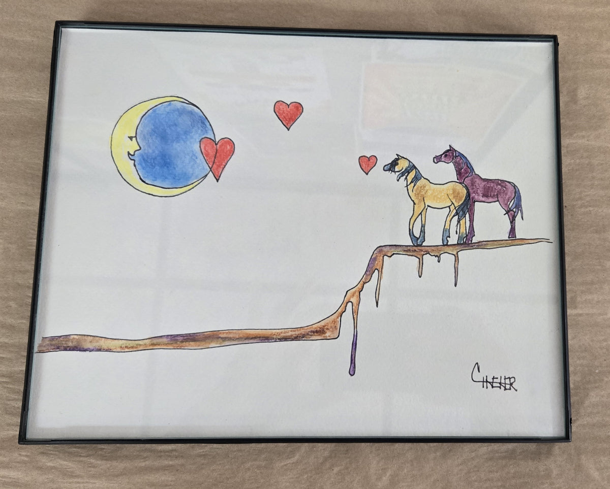 Framed Original Watercolor and Ink- "Mustang Pair Moon Love"