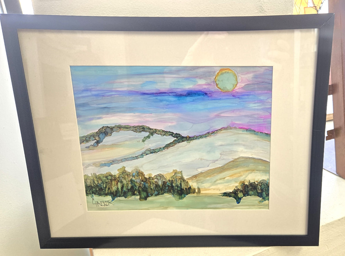 Original Alcohol Ink Painting- " Hunter Moon and Corner Mountain "