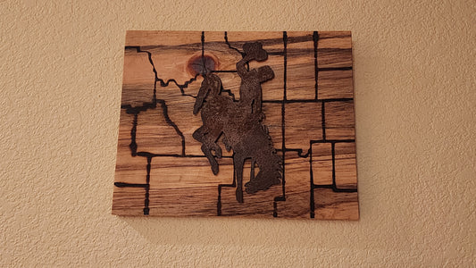 Wall Plaque- Wyoming Map with Bucking Bronc
