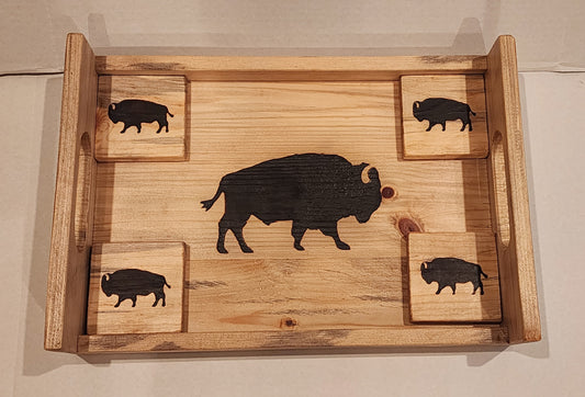Wood  Serving Tray and Coaster Set -Bison
