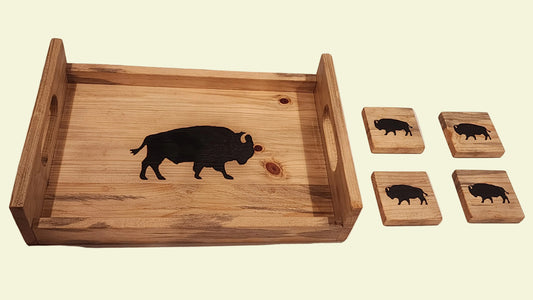 Wood  Serving Tray and Coaster Set -Bison