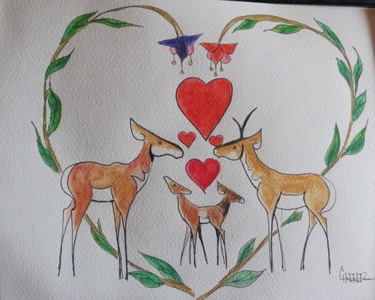 " Pronghorn Family and Fushia " Framed Original Artist: Celeste Havener  Mom, Dad and twin antelope are  gathered under a fushia heart wreath  8" x 10" original watercolor and ink drawing  Framed in a thin plastic black frame with snap out clear cover that protects the piece  Can hang on the wall or sit on a shelf with the attached frame easel  Perfect gift for a child's room  or a new additiond to the family