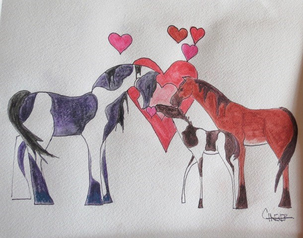 " Mustang Family with many Hearts " Framed Original Artist: Celeste Havener  Mustang Family Love  Paint Stallion and colt  Bay mare  3 hearts in one with 4 small floating hearts  8" x 10" original watercolor and ink drawing  Framed in a thin plastic black frame with snap out clear cover that protects the piece  Can hang on the wall or sit on a shelf with the attached frame easel  Great for nursery or home