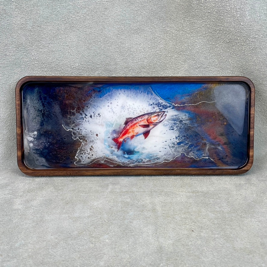 Trout Walnut Wood and Resin with Silver Tray