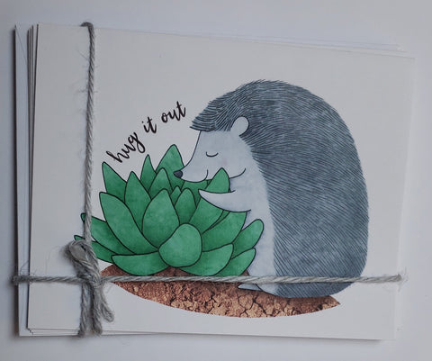 " Hug It Out " Hedgehog 5 Card pack.         Cards are blank inside. Envelopes included. 4. 5" x 7"