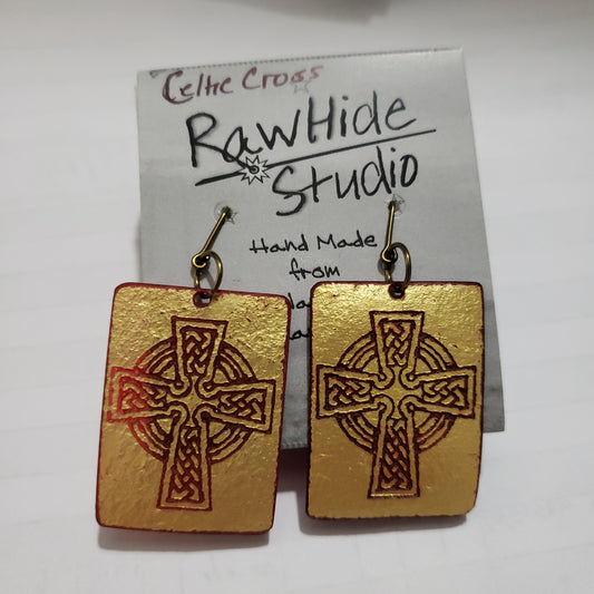 Celtic  Cross Large  Earrings Red on Gold Rectangle