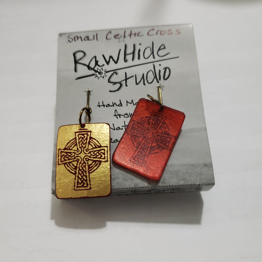 Celtic  Cross Small  Earrings Red on Gold Rectangle