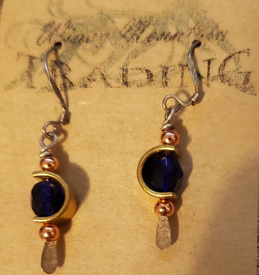 Dark Faceted  Blue Bead with Half Slice Copper Earrings