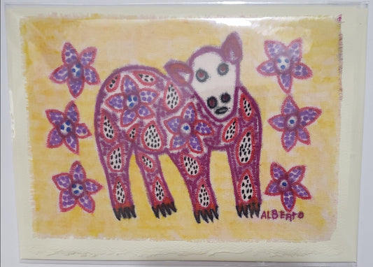 <h1>Fiber Art Card of " Bear "<br></h1> <h1>Eight&nbsp; flowers</h1> <h2>Artist: Alberto Alcantara</h2> <p>Original mini art on fiber</p> <p>Peruvian Folk Art Original</p> <p>Comes in a greeting card format Art Card of Standing Bear - Eight &nbsp; Flowers</p> <p>Can be framed as mini art to enjoy on your walls or desk</p> <p>Natural fiber</p> <p>Fiber Original</p> <p>Paper / Cotton</p> <p>Envelope is included</p> <p>Clear sleeve to protect the artwork</p>